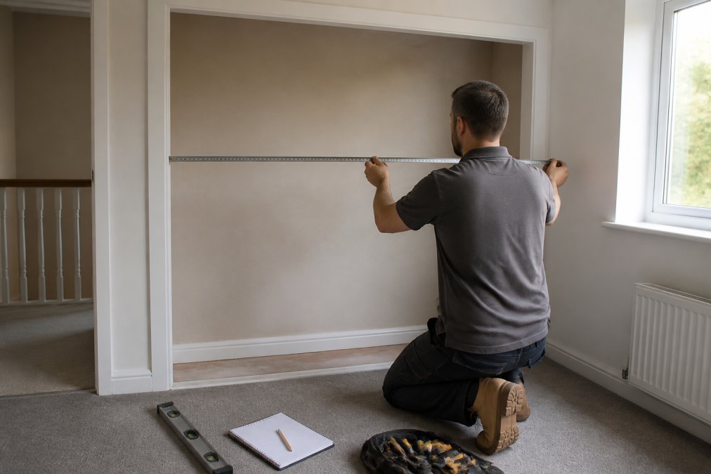 A person holding a metal tape measure against a bedroom wall aperture, with a notepad and pencil nearby on the floor, natural light coming through a window