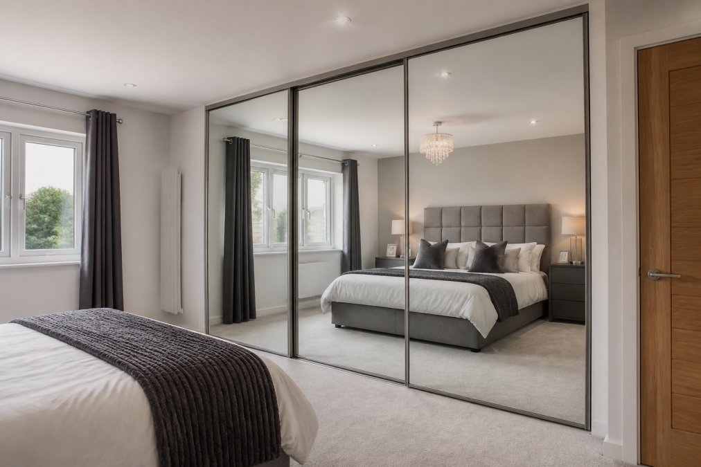 Close-up of a modern fitted wardrobe with floor-to-ceiling sliding doors in a mirror finish and slim aluminium frame profile, set in a bright, minimalist bedroom