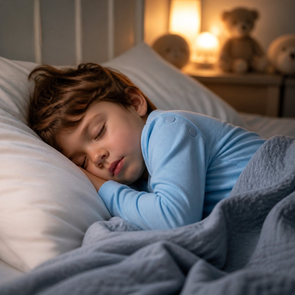 A young child peacefully sleeping in soft, light-blue magnetic closure pajamas, the flat magnetic fasteners visible along the shoulder seam, warm dim nursery lighting in the background