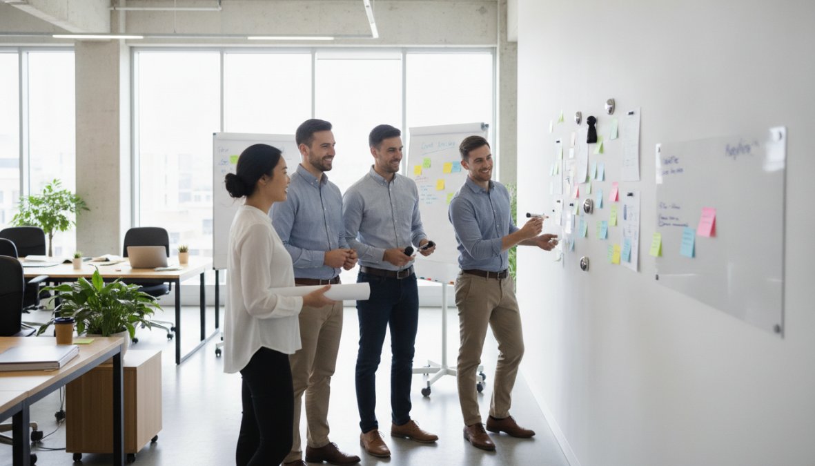 Diverse team of office professionals collaborating around a magnetic wall covered with colorful notes, sketches, magnetic sheets, and organizational materials in a bright, modern workspace with natural window lighting