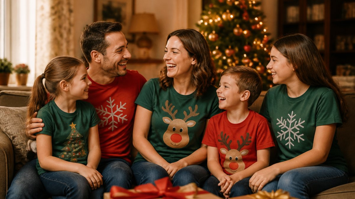 A cheerful family of five wearing coordinated red and green Christmas t-shirts, laughing together in a cozy living room with a decorated tree glowing in the background