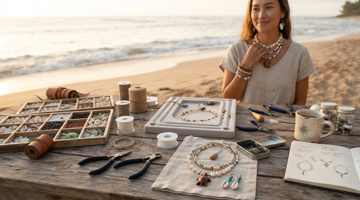 Woman wearing layered island-inspired jewelry featuring seed bracelets, shell necklaces, and tropical pendant earrings standing on a sandy beach at golden hour sunset, dressed in neutral linen for casual coastal elegance