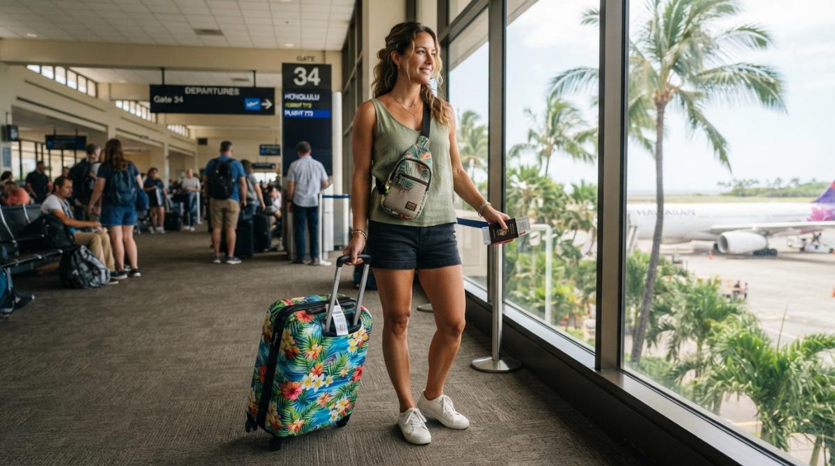 Traveler with colorful tropical-patterned hard-shell suitcase and island-inspired chest bag standing at an airport terminal with palm trees visible through windows, ready for departure