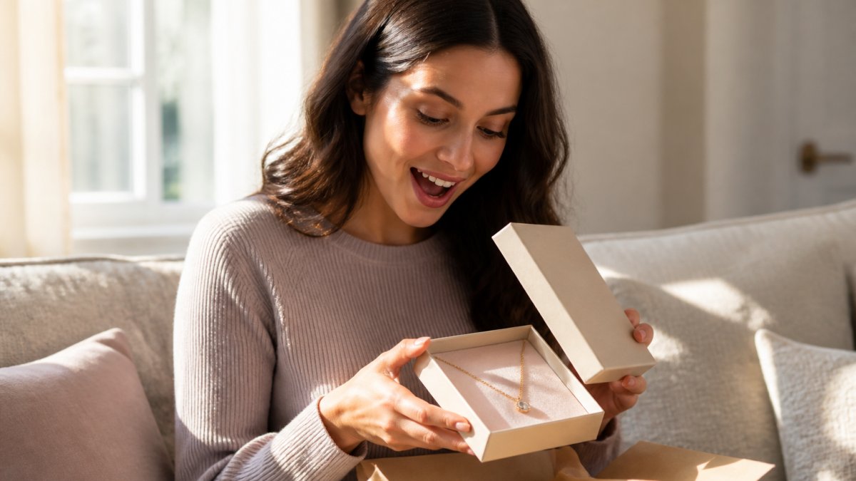Woman opening a beautifully wrapped jewelry gift box with delicate necklace inside, genuine expression of joy and emotion, soft natural lighting from window