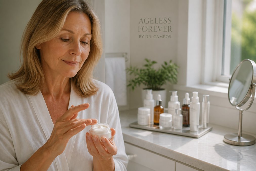 A woman in her fifties applying a small amount of cream to her fingertips at a bathroom vanity, soft natural light from a nearby window, skincare bottles arranged neatly on the counter behind her