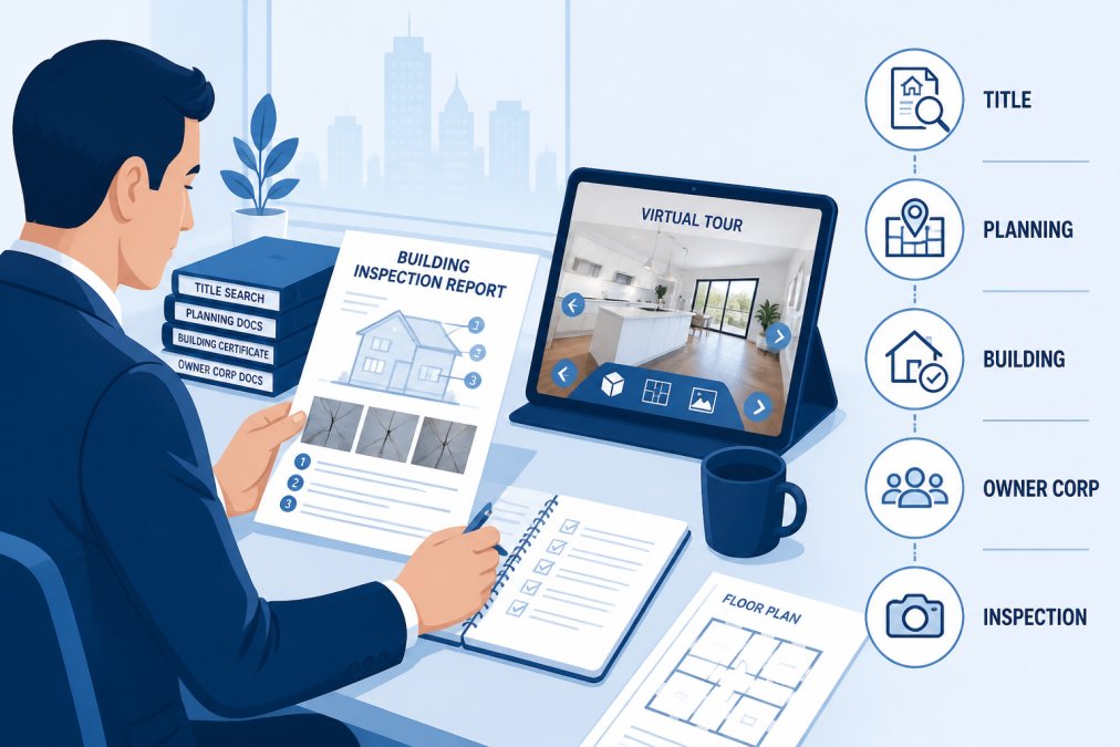 Professional reviewing property inspection report and building documents at desk with tablet showing virtual tour, natural office lighting