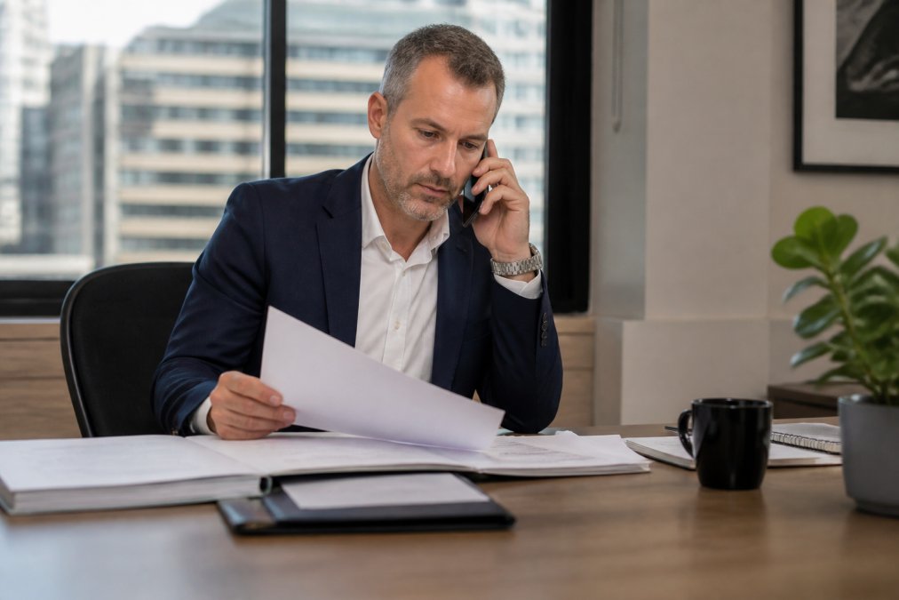 Buyer advocate in business attire reviewing property contracts and market data at desk with phone and coffee, professional office setting