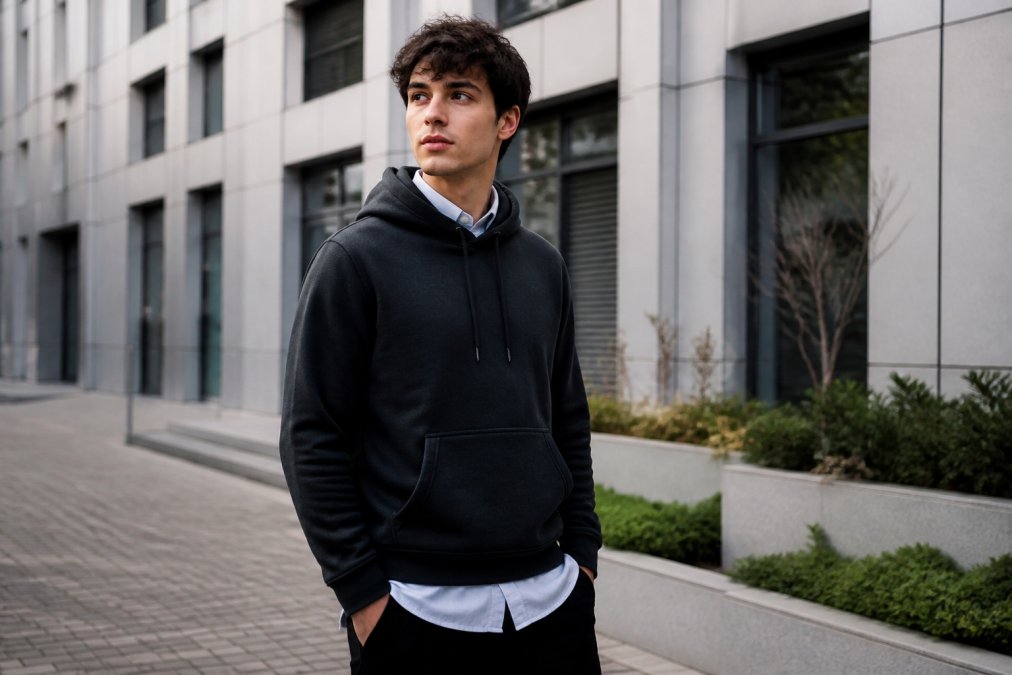 A young adult wearing a minimalist Christian graphic hoodie layered over a collared shirt, standing in an urban outdoor setting with a relaxed, confident posture