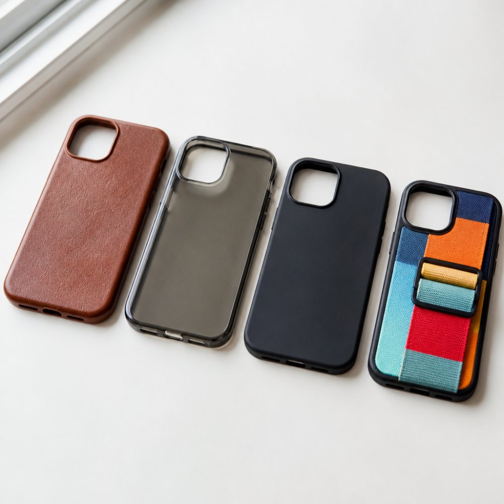 Flat lay of four slim iPhone cases in different colors and materials, leather brown, transparent black, matte black, and colorful wristband style, arranged neatly on a clean white surface with soft natural lighting, showing their thin profiles and clean lines