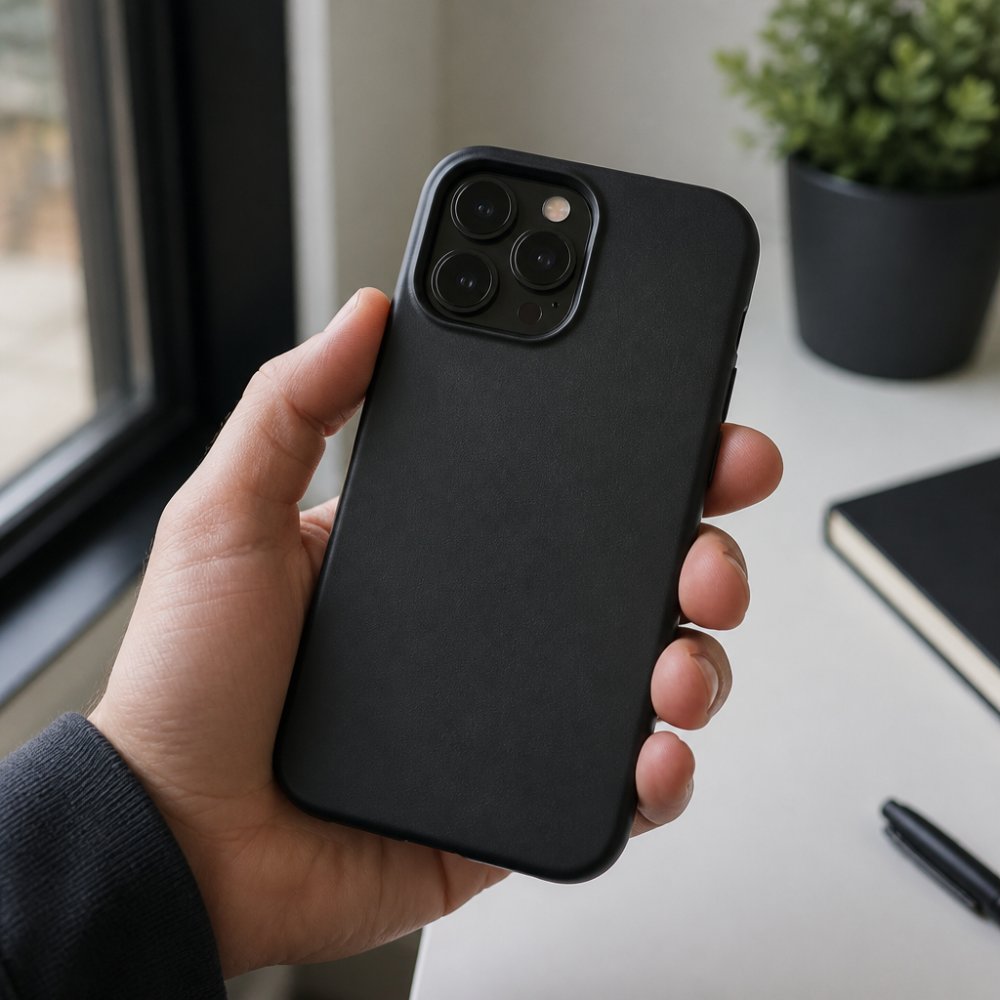 Close-up of a hand holding a slim matte black iPhone case, fingers naturally wrapping around the sides, showing the matte textured surface catching light from a window, with a clean desk surface visible in the background