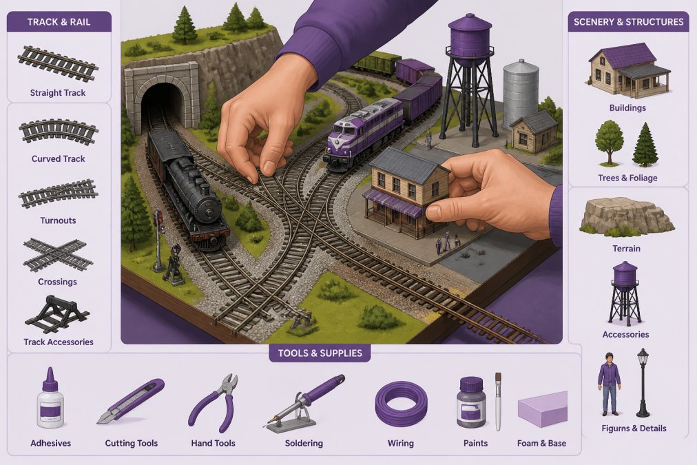 Close-up of detailed model railroad layout in progress showing miniature track, switches, locomotives, and scenery elements on a display table with hands carefully adjusting track pieces and positioning miniature buildings