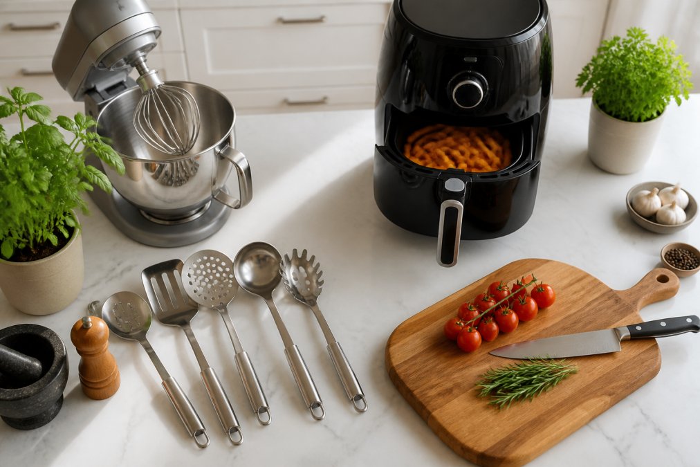 Overhead flat-lay of a well-organised modern kitchen countertop featuring a stand mixer, air fryer, stainless steel utensils, and a chopping board on a clean white surface with natural light