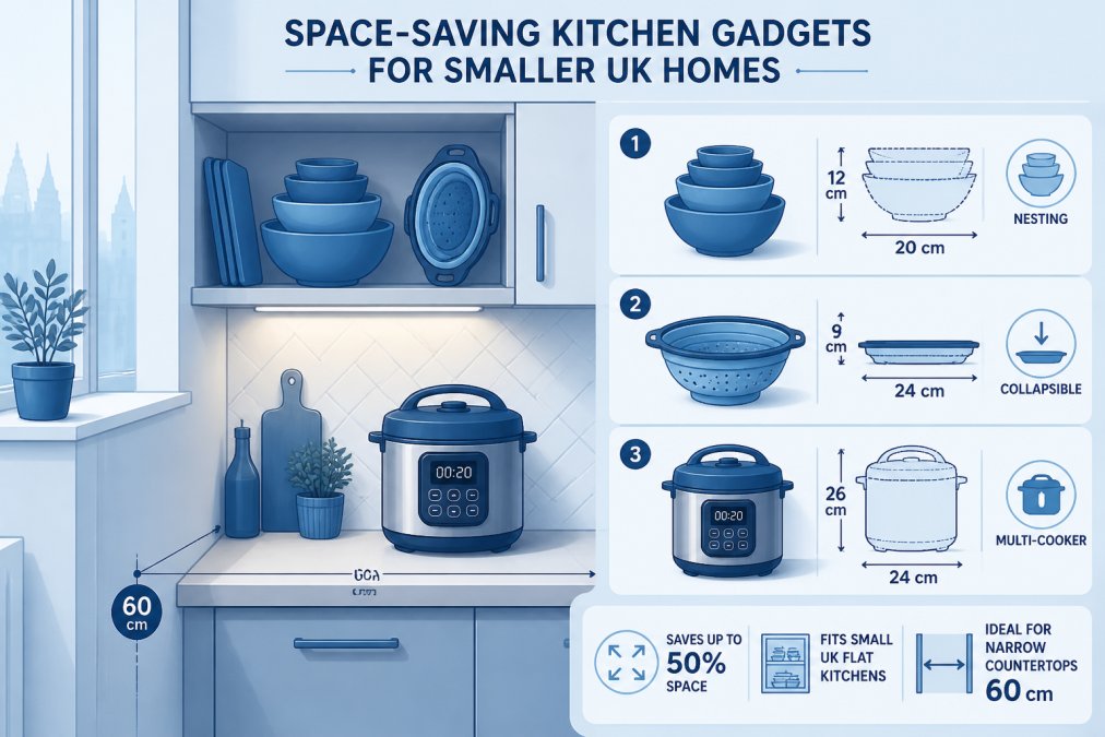 Compact UK flat kitchen with neatly stacked nesting bowls, a collapsible colander, and a small multi-cooker on a narrow countertop showing clever use of limited space with warm kitchen lighting