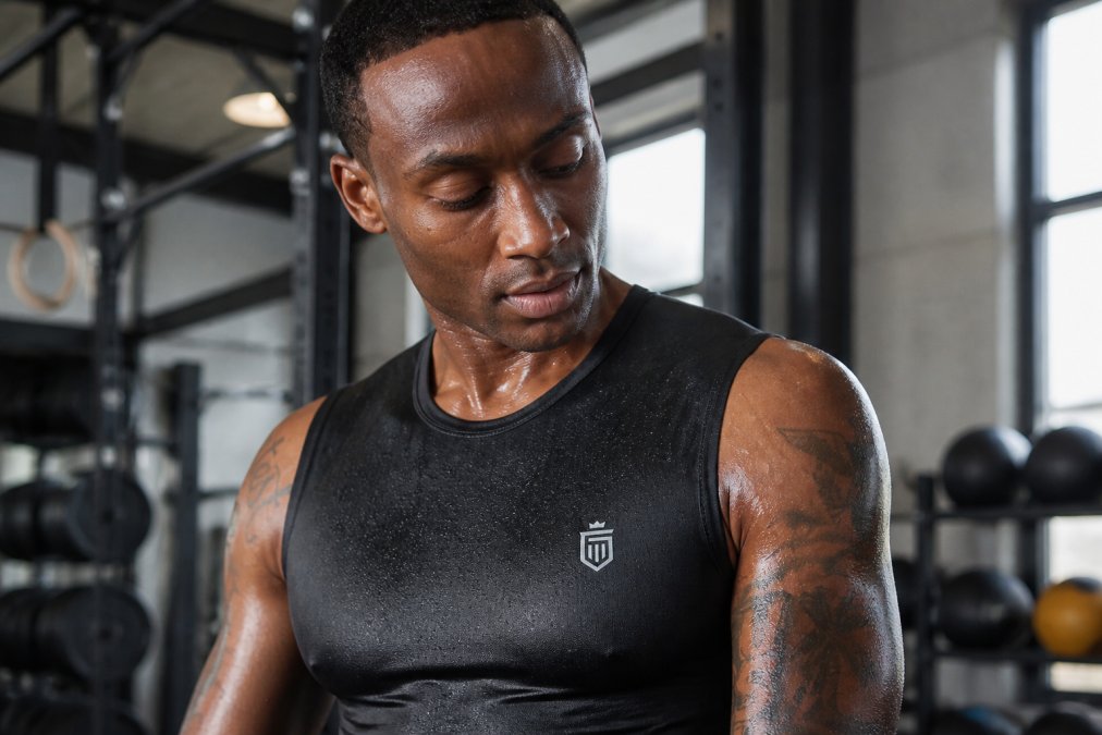 Close-up of athlete wearing moisture-wicking baselayer during intense training session, visible sweat beading on fabric surface and mesh ventilation zones in action, natural gym lighting