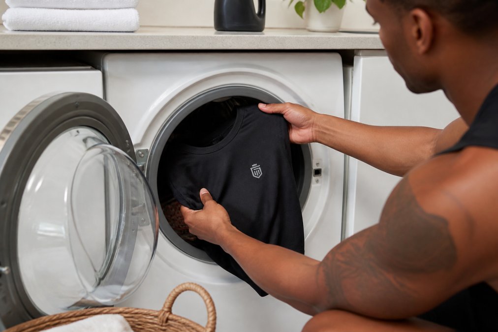 Hands carefully loading moisture-wicking athletic apparel into washing machine, demonstrating gentle handling of performance fabrics with proper care technique