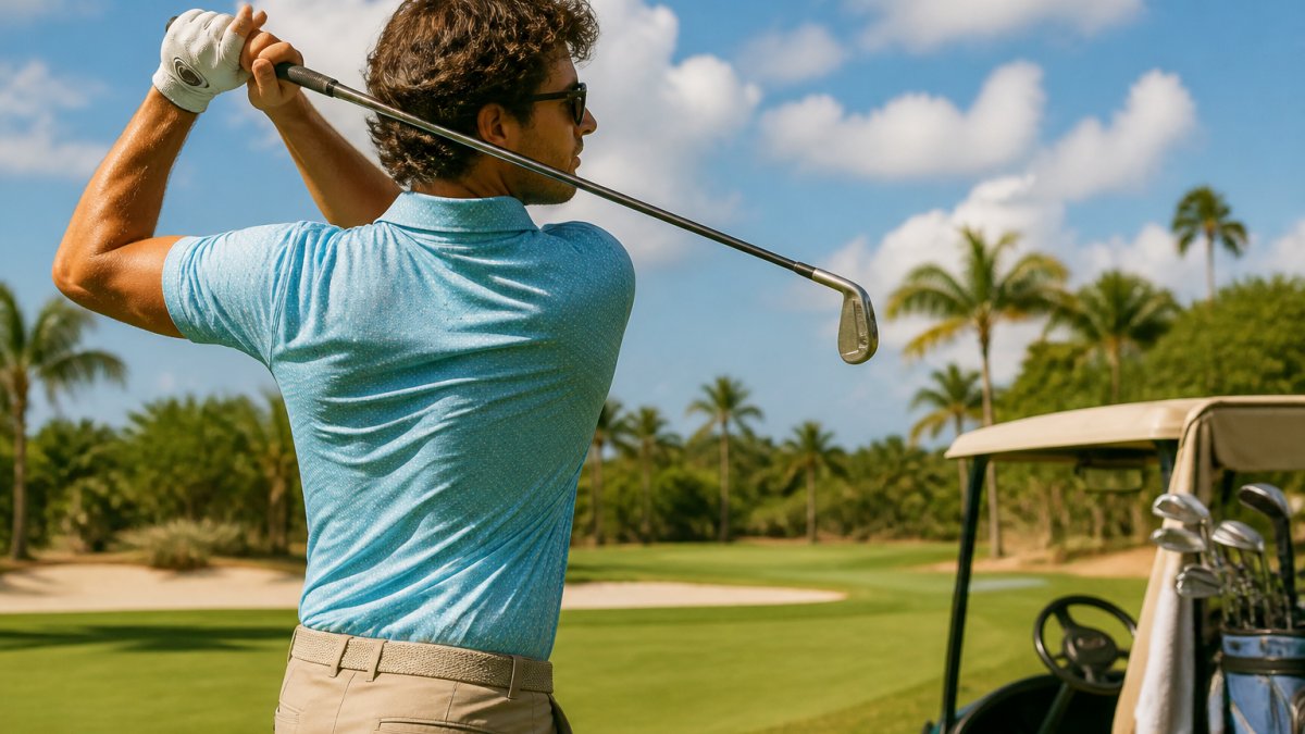A golfer in a short-sleeve performance polo mid-swing on a sunny, humid course, visible fabric texture, relaxed retro vibe, warm afternoon light