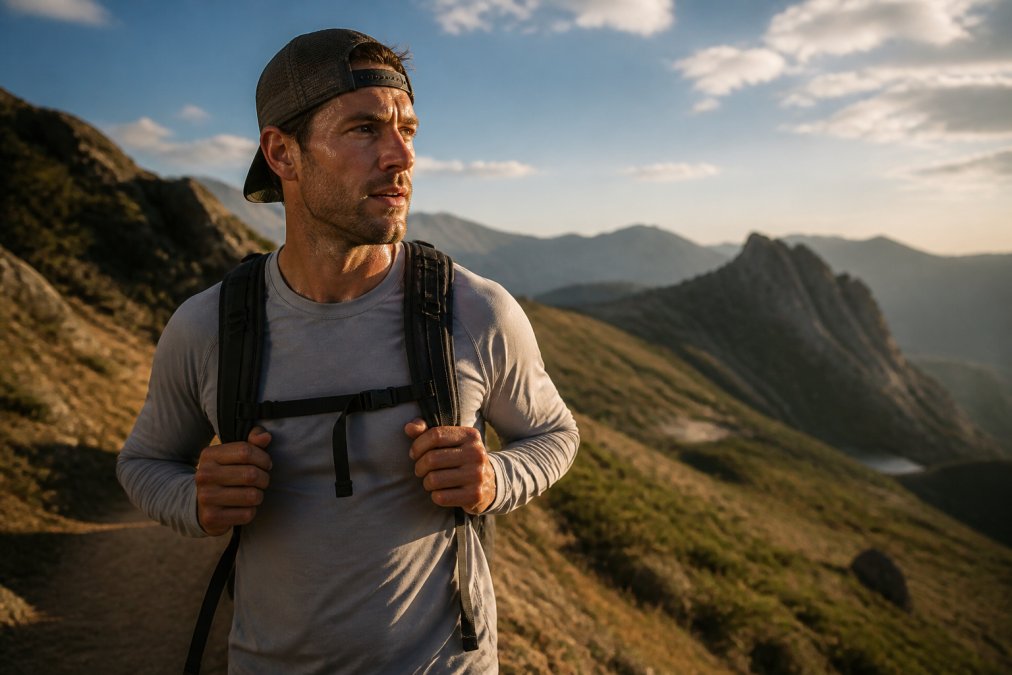 A hiker on a sunlit mountain trail wearing a long-sleeve performance shirt, with a light sweat sheen on his face and the fabric visibly dry, capturing the feeling of comfort and breathability during an active climb