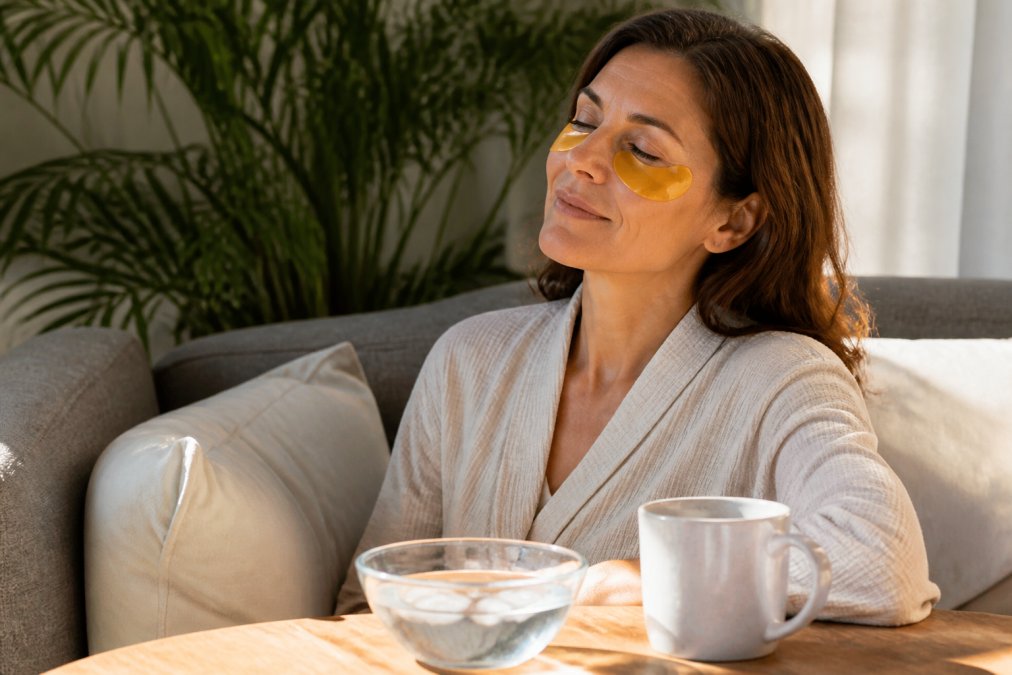 A woman in her forties relaxing on a couch in soft morning light, wearing gold hydrogel under-eye patches, with a small bowl of chilled water and a ceramic mug nearby