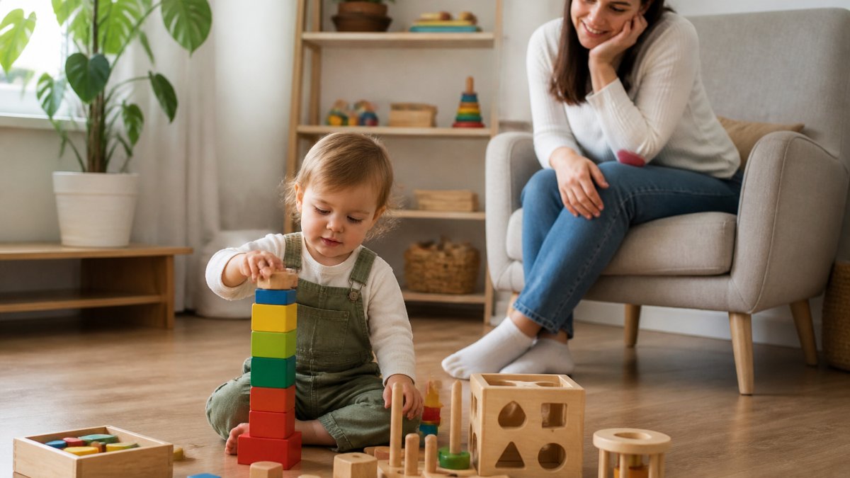 A toddler sitting on a wooden floor stacking colorful wooden blocks while a parent watches from a nearby armchair in a bright living room with soft afternoon light