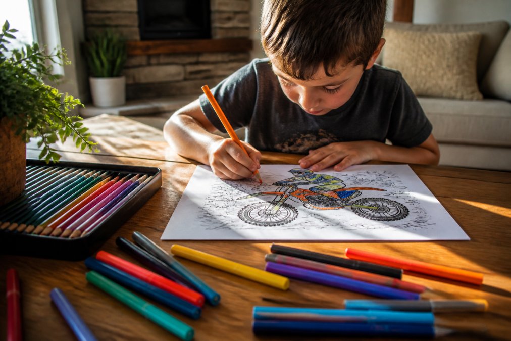 A young child seated at a wooden table concentrating on coloring a detailed motocross illustration with colored pencils and markers, sunlight streaming across the page