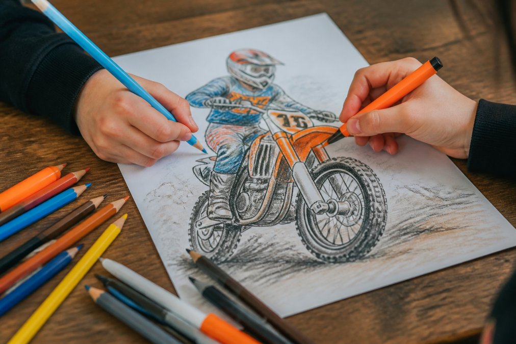 Close-up of a young artist's hands demonstrating coloring techniques on a detailed dirt bike motocross page, using both colored markers and pencils with visible shading and blending on the illustration