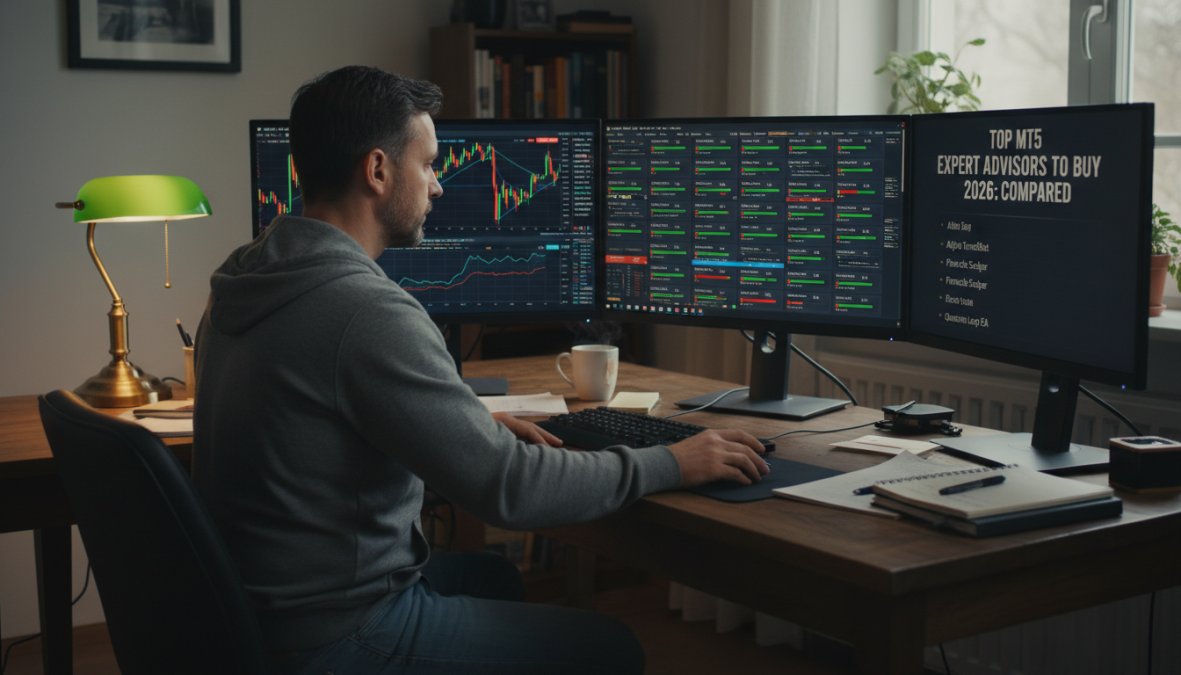 A focused trader sitting at a multi-monitor desk displaying MetaTrader 5 charts and automated trading dashboards in a home office setup, warm desk lamp illuminating the screens in a dim room