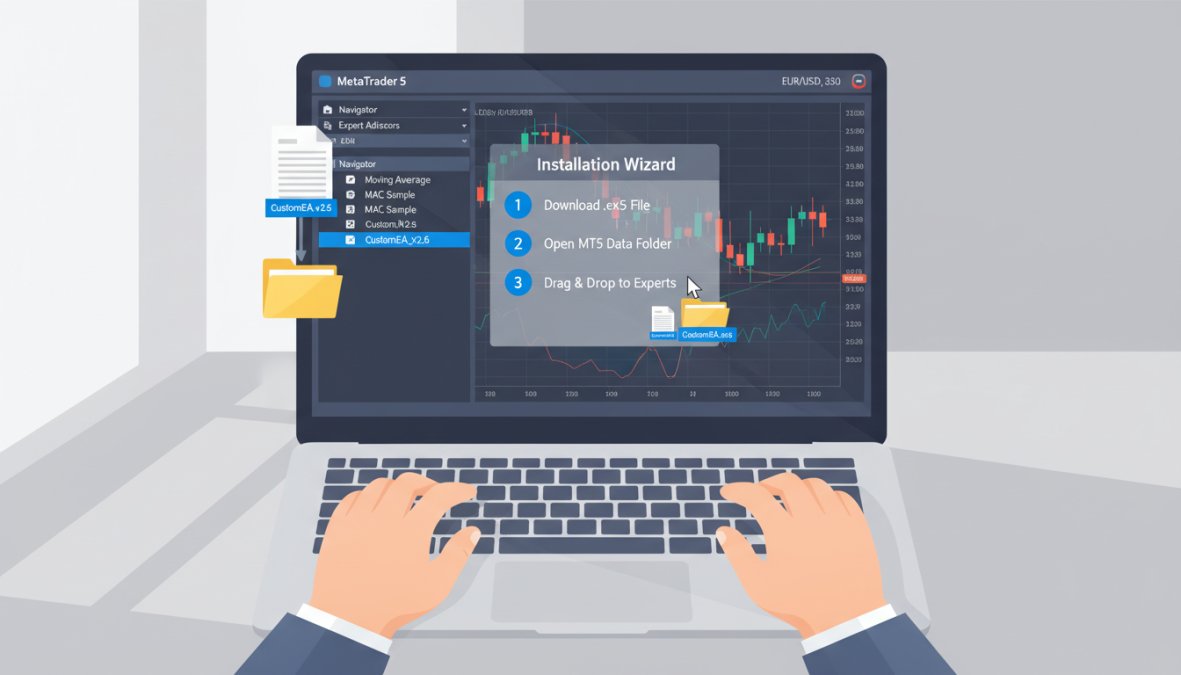 Close-up of hands on a keyboard with a laptop screen showing the MetaTrader 5 trading platform interface and an open file folder on the desktop, soft natural light from a nearby window