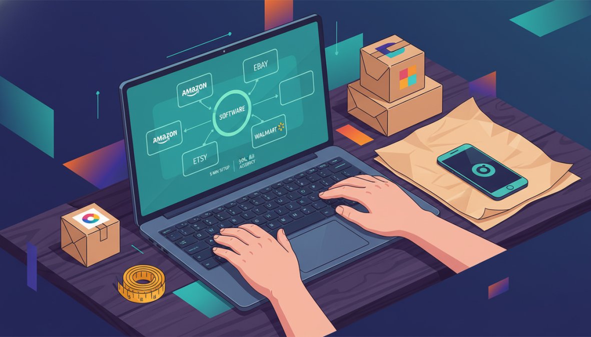 Close-up of hands typing on a laptop keyboard with product photography props including small packaged goods, a measuring tape, and kraft paper spread on a wooden table beside the laptop