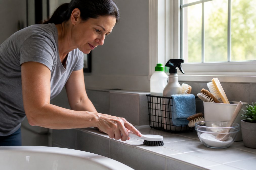 Homeowner using a tile brush to clean bathroom grout lines with organised cleaning supplies on the bathroom counter, natural window light