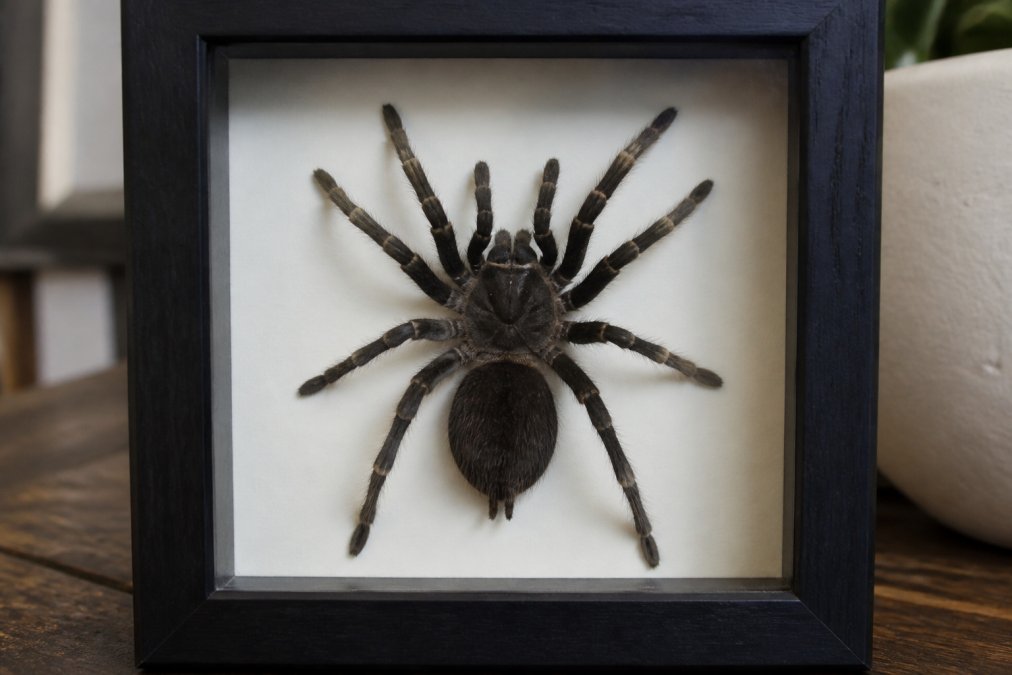 Close-up of a framed museum-grade tarantula specimen mounted in a shadow box, showing fine detail of the arthropod's dark exoskeleton and leg positioning against a neutral background