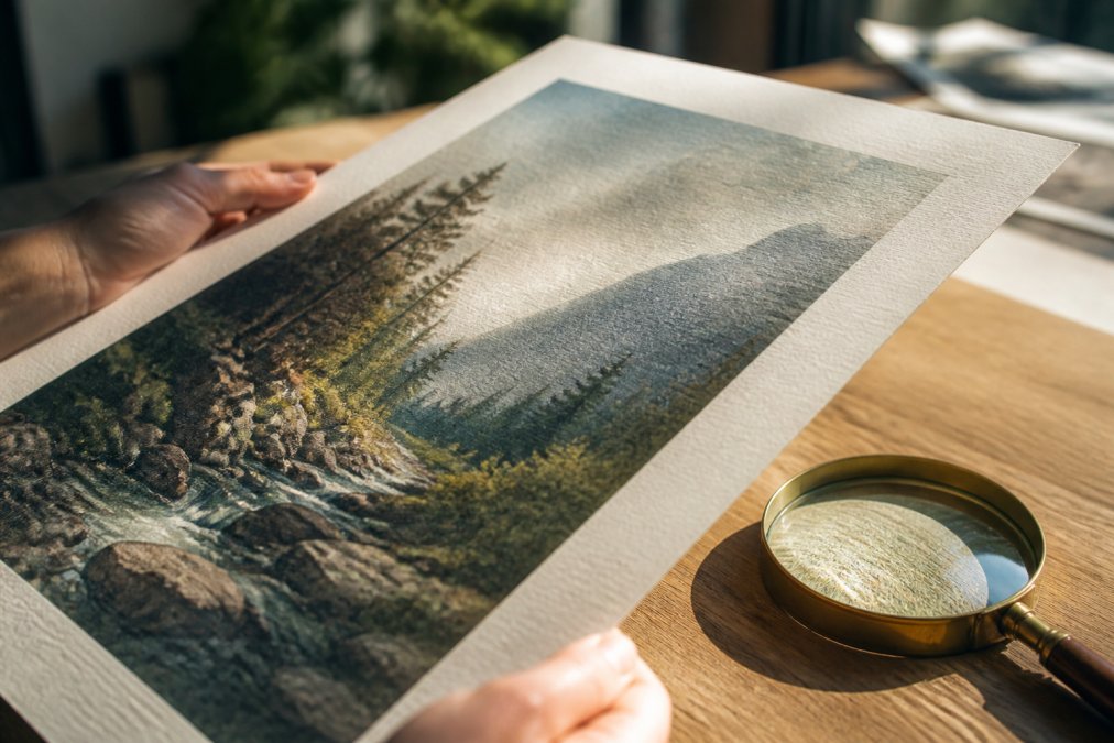 Hands gently holding a textured museum quality art print with a magnifying glass revealing fine paper grain and detail.