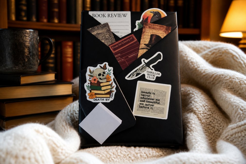 Close-up of wrapped mystery book with hand-written label and decorative ribbon on cozy reading nook with soft blanket and warm lighting