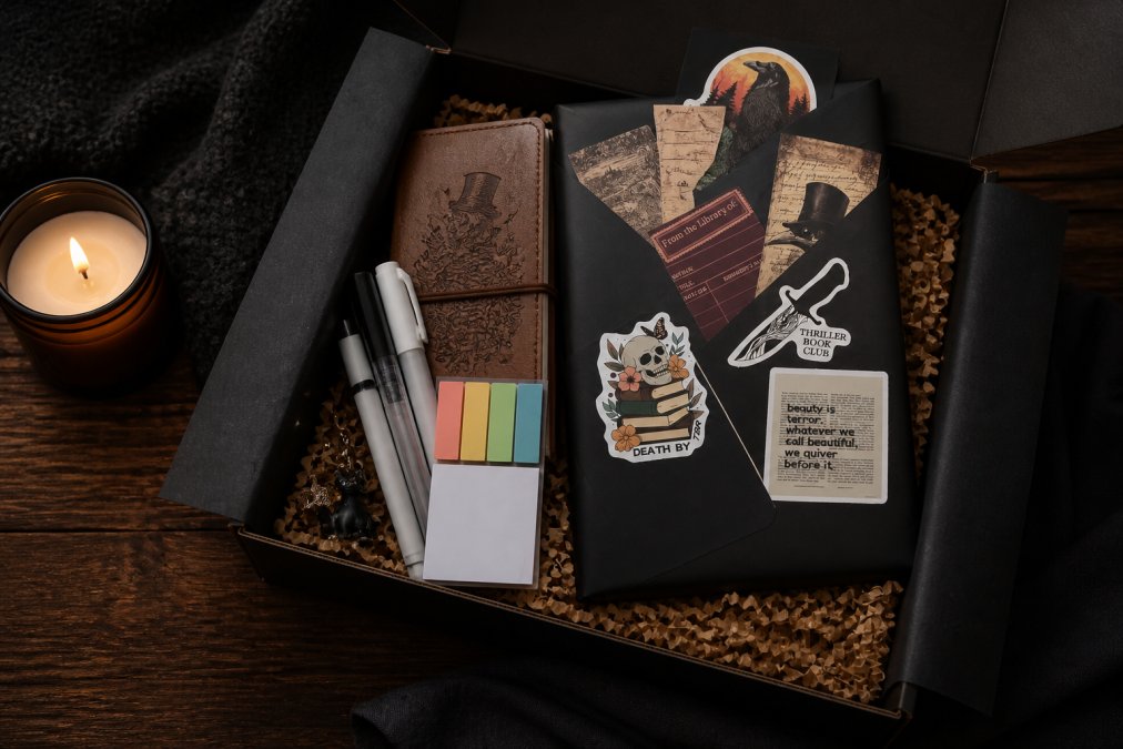 Open gift box containing wrapped mystery book, leather journal, assorted pens, bookmarks, sticky notes, and black cat-themed charm with warm ambient lighting