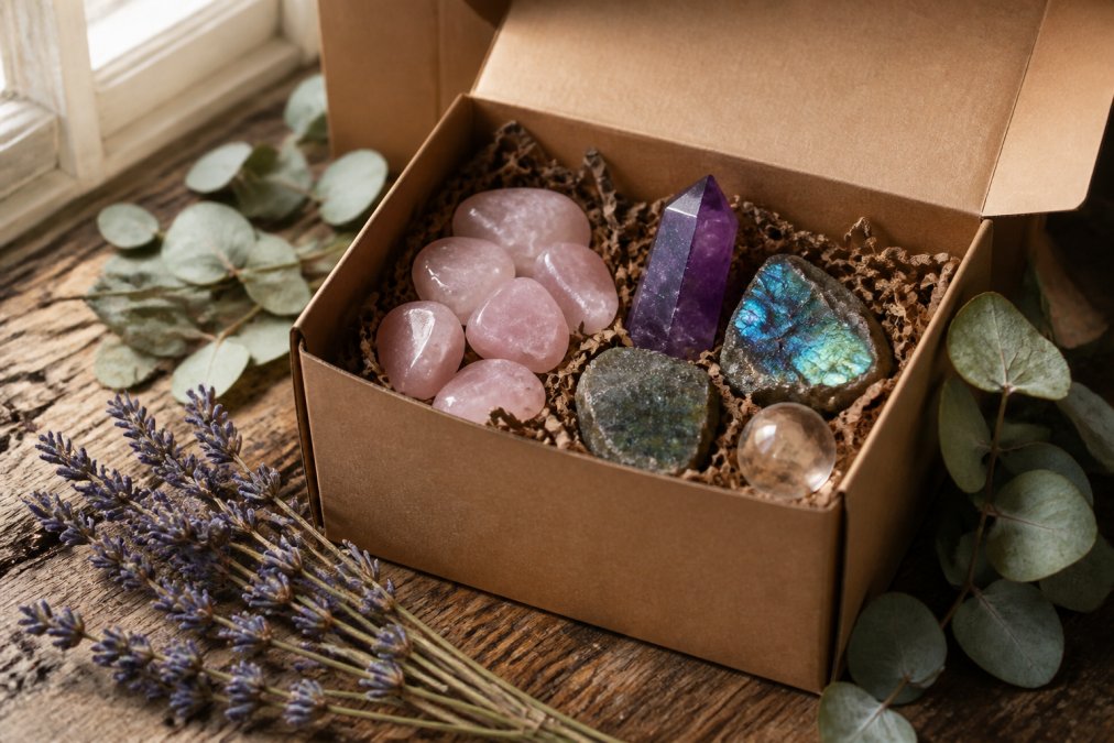 Professional illustration showing mystery crystal boxes