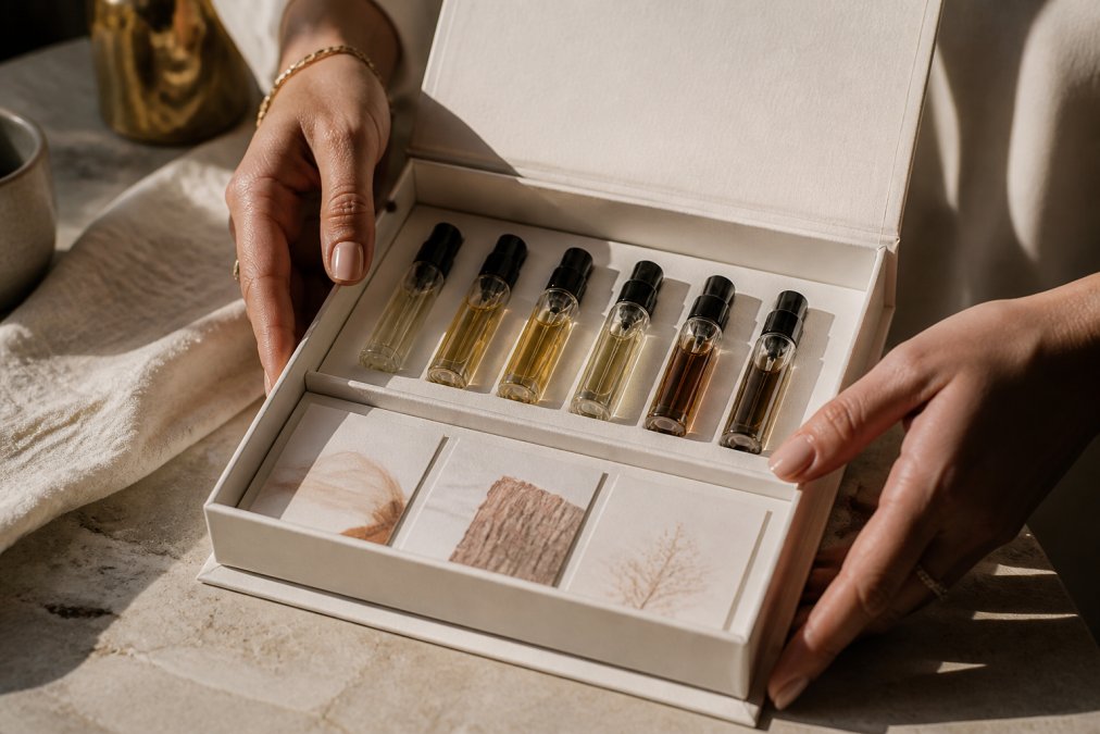 Hands carefully opening an elegant discovery set box revealing arranged perfume sample bottles with narrative description cards nestled inside, photographed in warm natural light