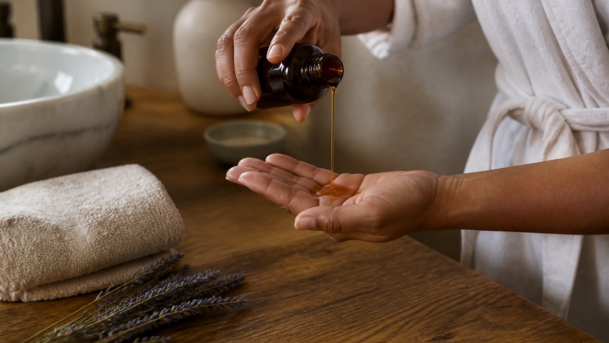 Pouring golden aromatherapy body oil from an amber bottle onto a palm next to lavender and a towel.
