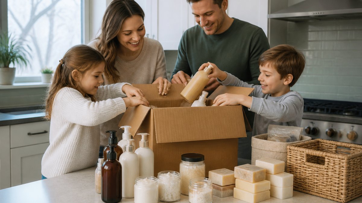 A Canadian family unpacking a delivery box of natural beauty products on a kitchen counter, with jars of shea butter, bar soaps, and bottles arranged neatly beside reusable storage baskets