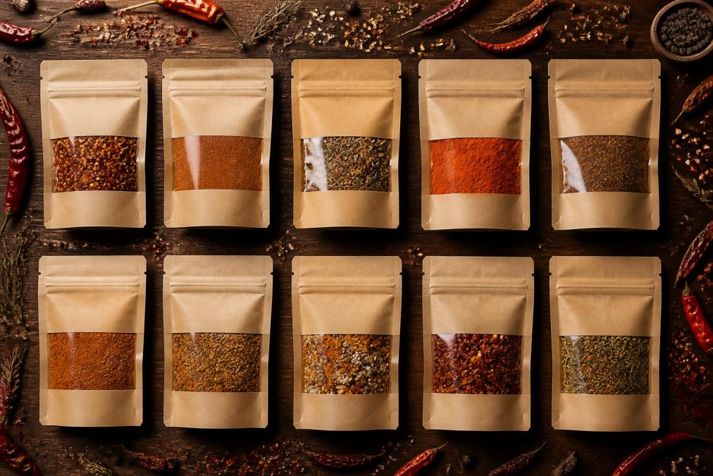 Flat-lay of ten small spice pouches arranged in two rows on a dark wooden surface, surrounded by scattered whole chilli flakes, peppercorns, and dried herbs, with warm moody side lighting casting soft shadows