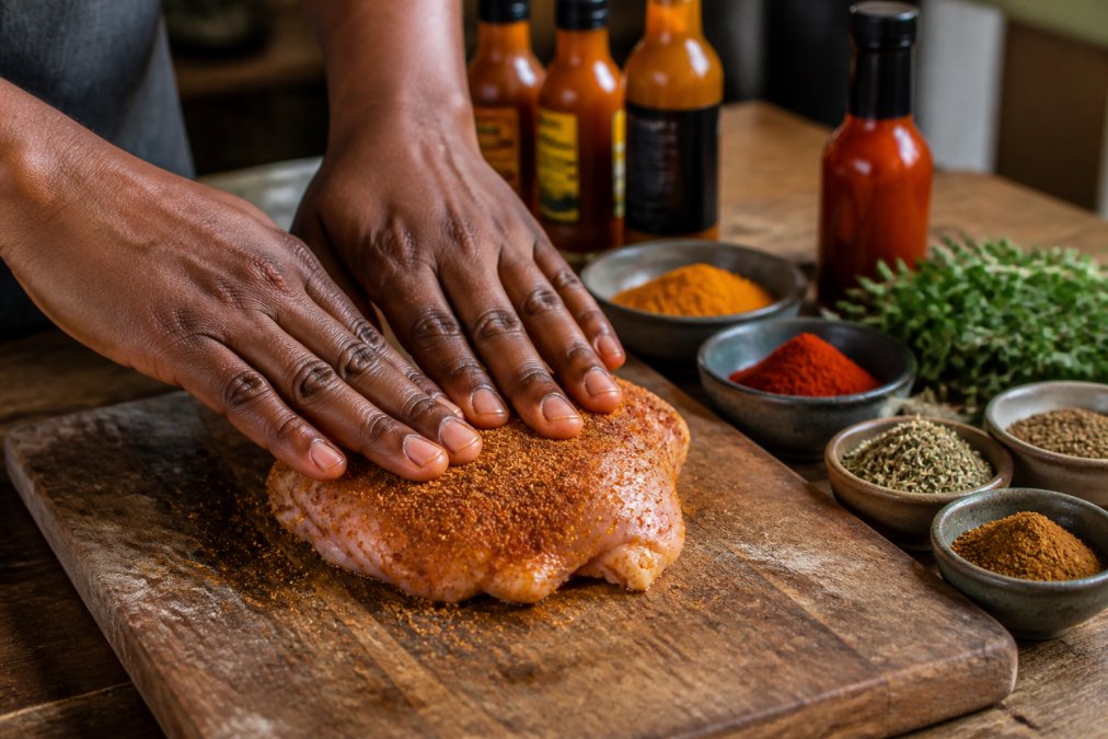 Hands pressing a dry spice blend firmly onto a raw chicken thigh on a worn wooden chopping board, with small ceramic bowls of colourful ground spices and fresh herbs arranged in soft focus in the background, warm kitchen lighting