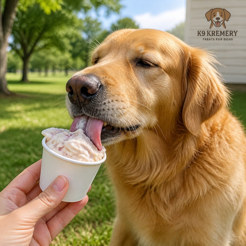 Happy golden retriever licking a frozen dog treat from a small cup on a sunny day in a grassy park