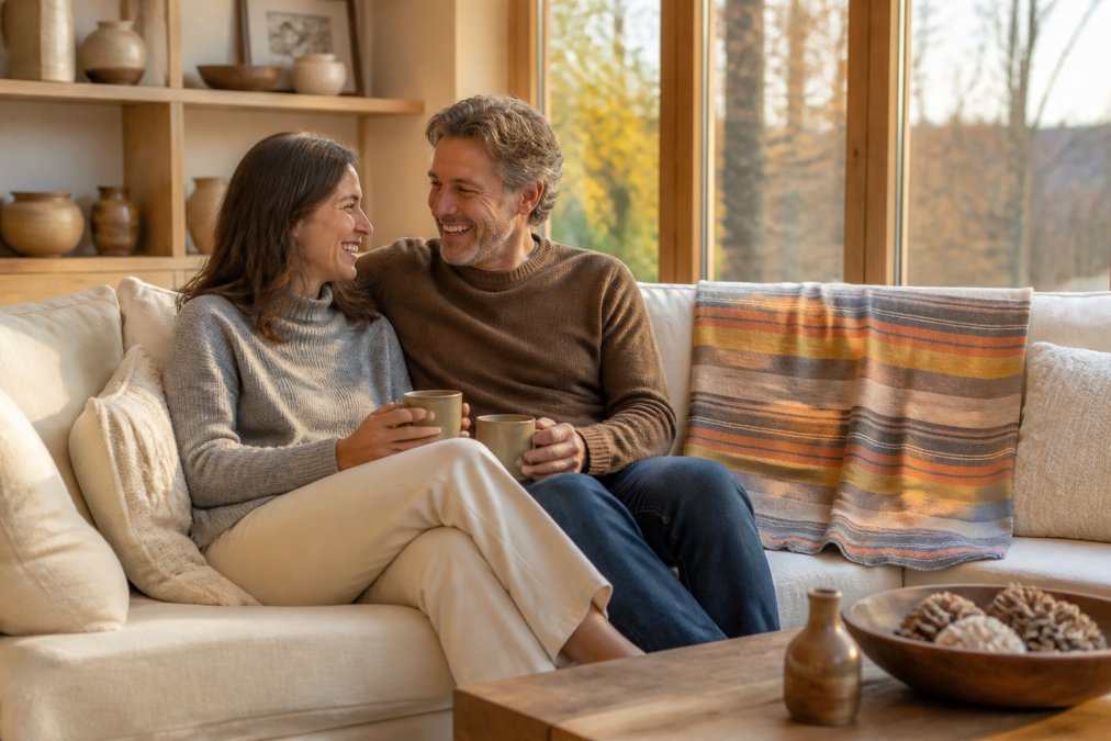 Cozy living room with alpaca throw blankets draped over a cream sofa, warm golden hour sunlight streaming through large windows, earthy tones of beige and brown creating an inviting winter retreat