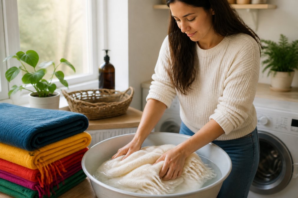 Hands gently immersing cream-colored alpaca blanket in cool water basin with mild detergent, soft natural window light illuminating the fabric's texture and care process