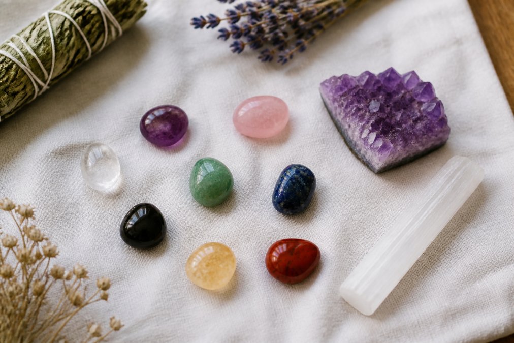 Flat lay of a beginner crystal starter kit arranged on a white linen cloth, including small tumbled stones, a selenite wand, and a small amethyst cluster, with dried herbs nearby