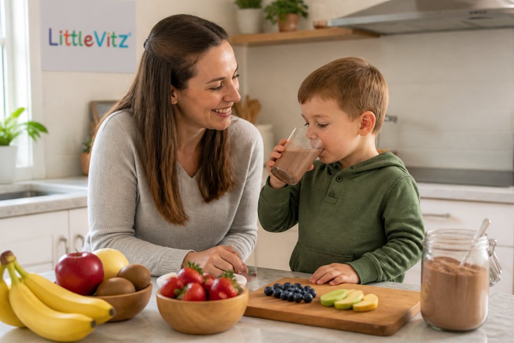 A parent watching their child drink a chocolate smoothie made with natural nutrient powder in a sunny kitchen.