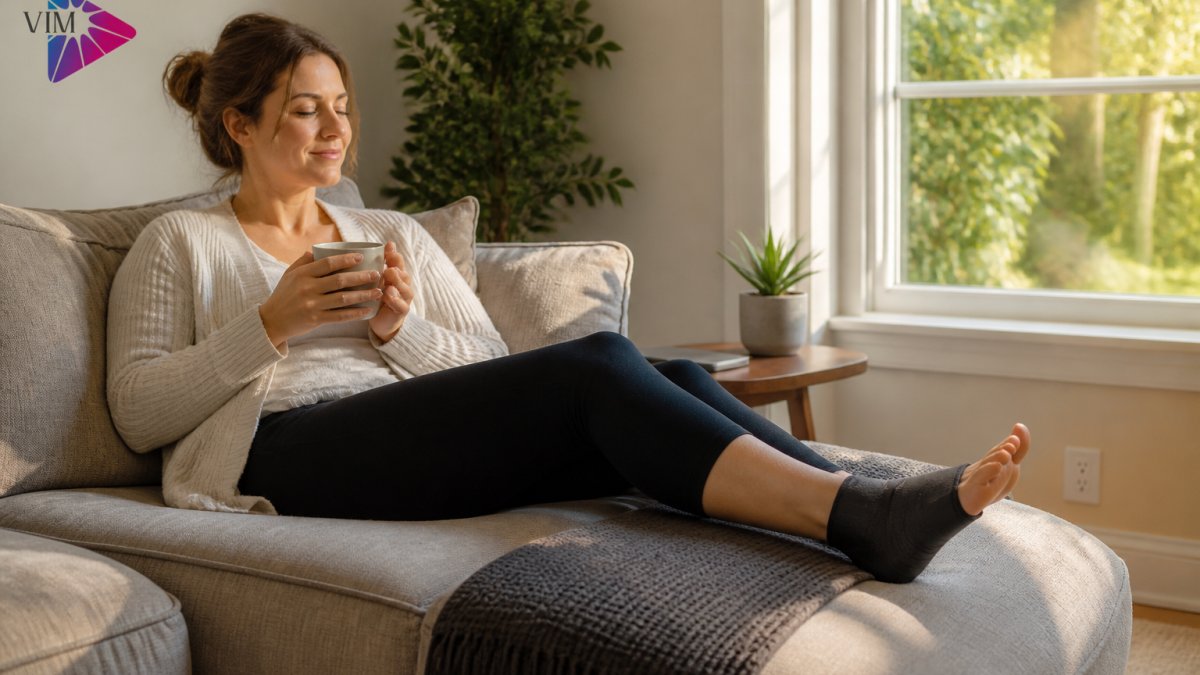 Person sitting on a couch wearing a pressure band on their foot for relief in a naturally lit room