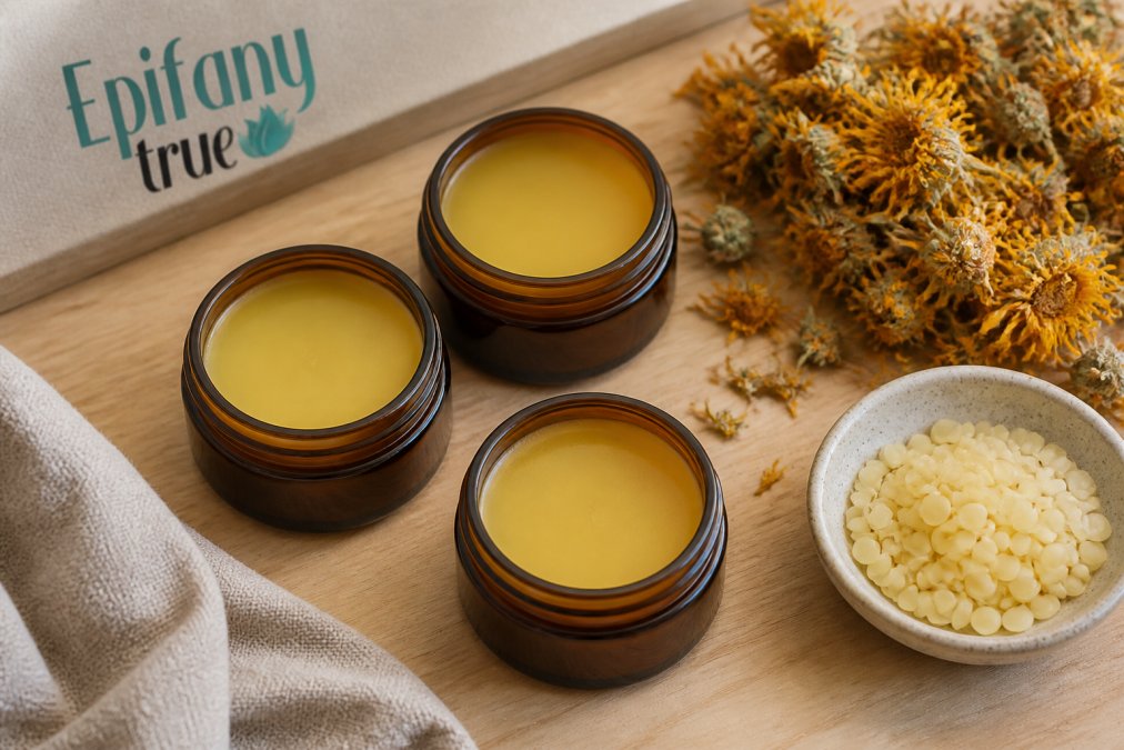 Three open jars of herbal salve with dried calendula flowers and beeswax pellets on a wooden surface