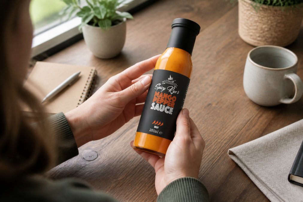 Hands holding and examining a glass jar of natural chilli sauce, carefully reading the ingredient label and checking for organic certifications and quality markers on the packaging in natural window light