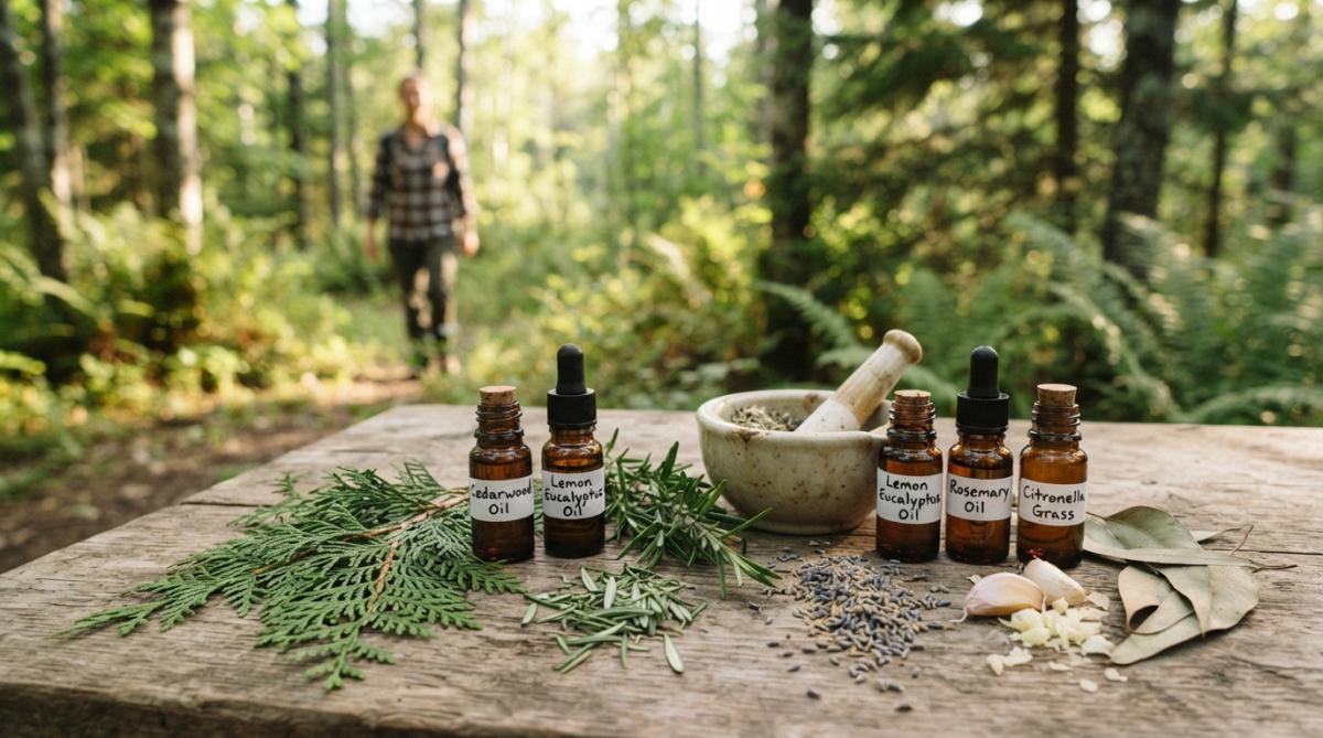 Close-up of natural ingredients including lemon eucalyptus leaves, neem oil in an amber glass bottle, and cedar branches arranged on a wooden surface with soft morning sunlight streaming across