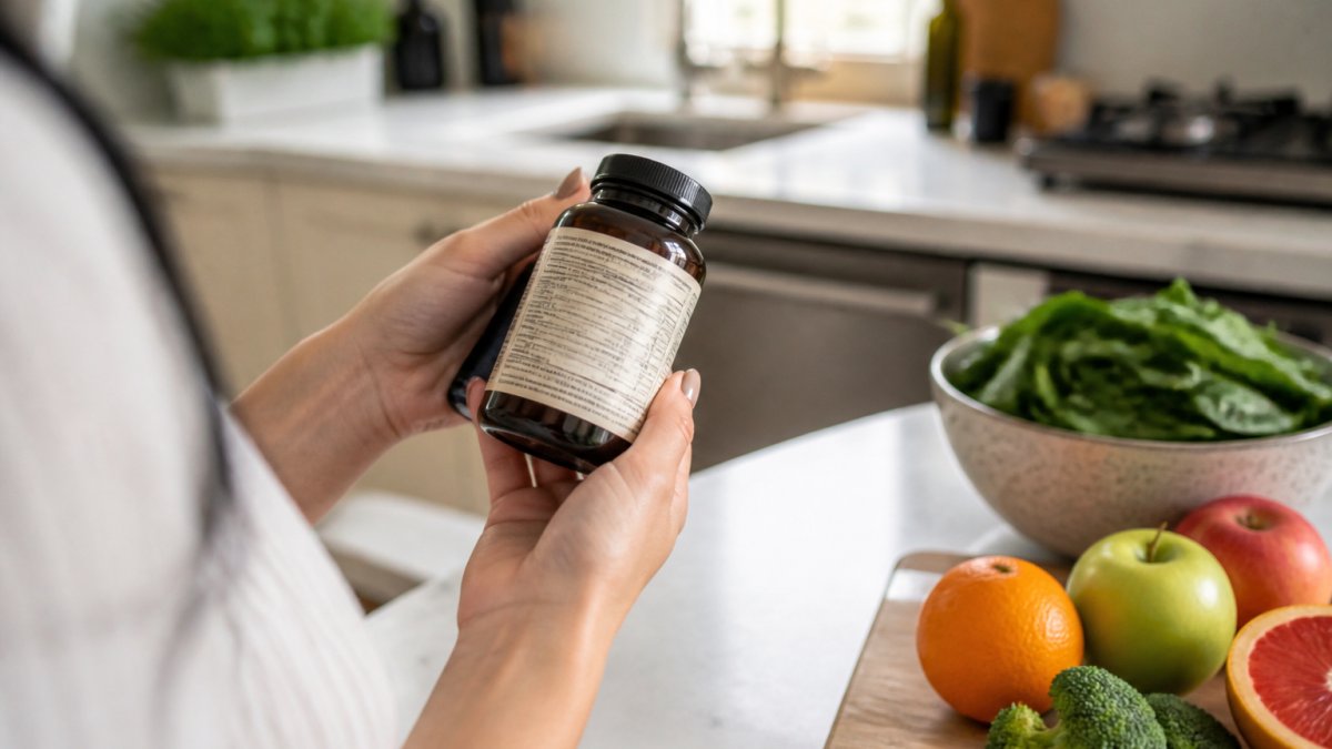 Close-up of hands holding a natural vitamin bottle and reading the supplement label in a bright kitchen, with fresh greens and fruit on the counter nearby