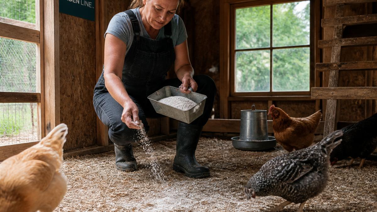 A backyard chicken keeper in work clothes sprinkling mineral granules across the floor of a small wooden coop, with chickens nearby and natural daylight coming through the coop window